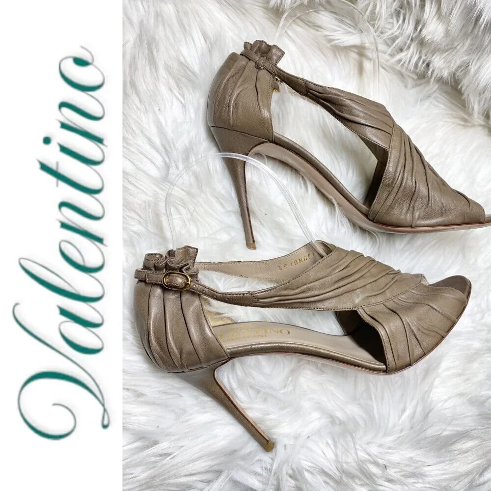 VALENTINO Vintage Taupe Leather Ruffle Accent Open Toe Stiletto Heels, Size 38.5